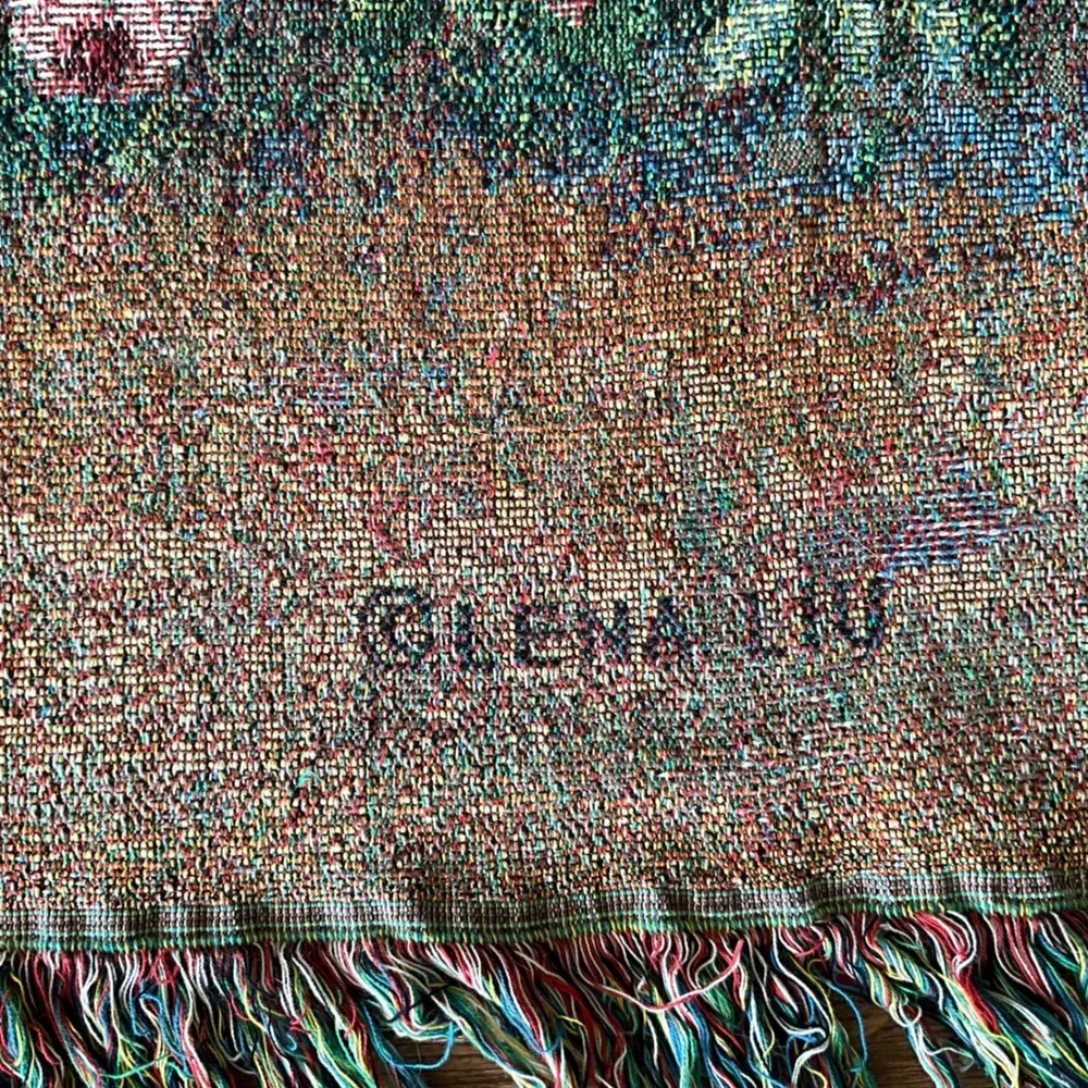 Lena Liu Woven Tapestry Throw Blanket Angel Garden Roses Fringed USA Cottagecore